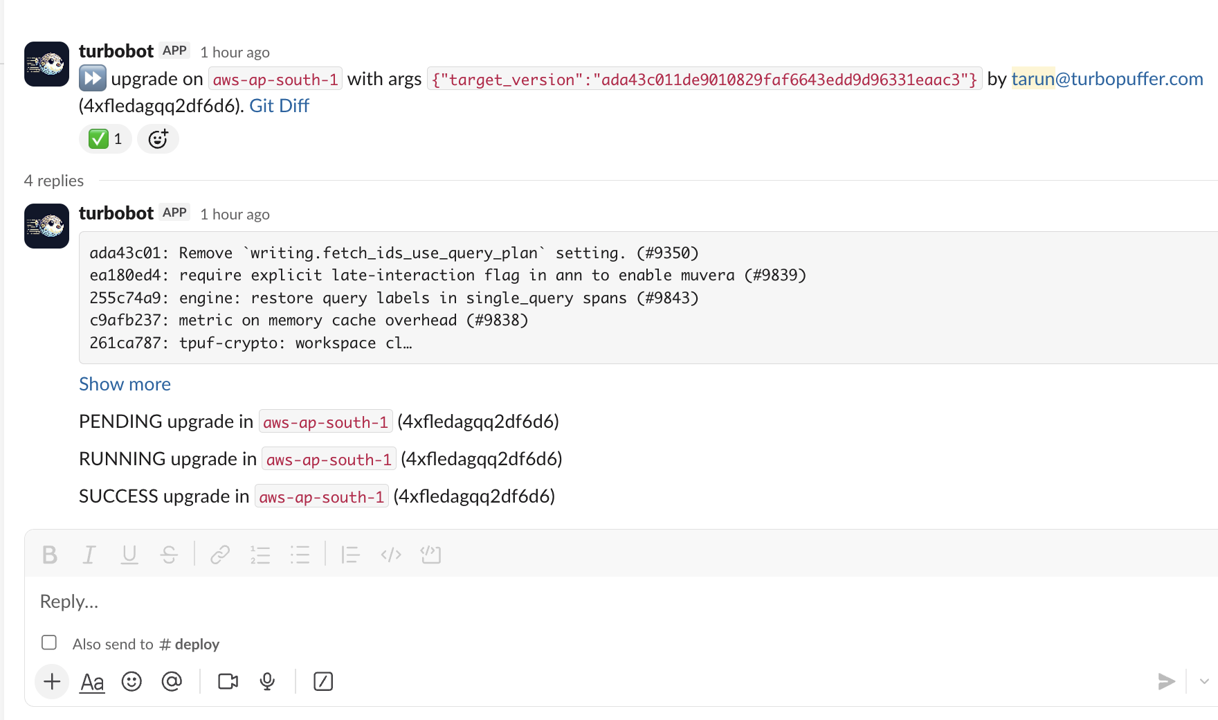 Slack thread for a turbopuffer cluster upgrade